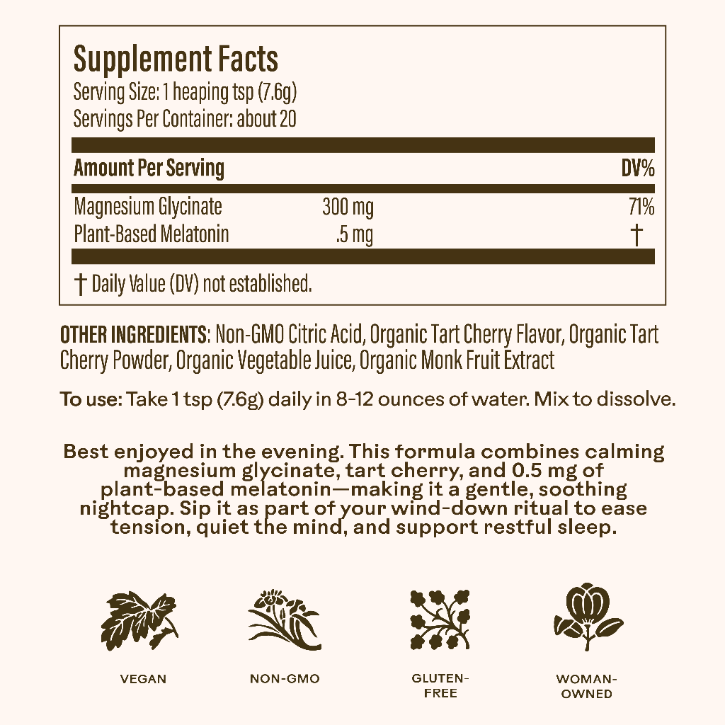 Supplement facts label with ingredients and usage instructions for Cherry Mag